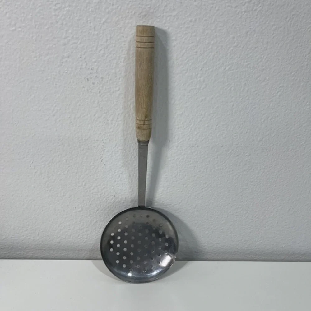 Vintage Stainless Steel Skimmer‎ Spoon Wooden Handle Kitchen Tool Utensil Taiwan